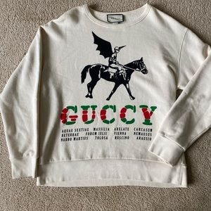 Gucci Long Sleeve Sweatshirts Ivory Winged Jockey Horse 19SS GUUCY Logo Size XL